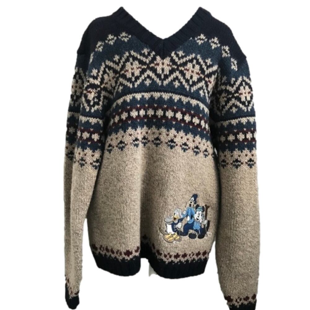 Vintage Men's Disney Store Mickey Wool Ski Lodge V-Neck Sweater Size Small